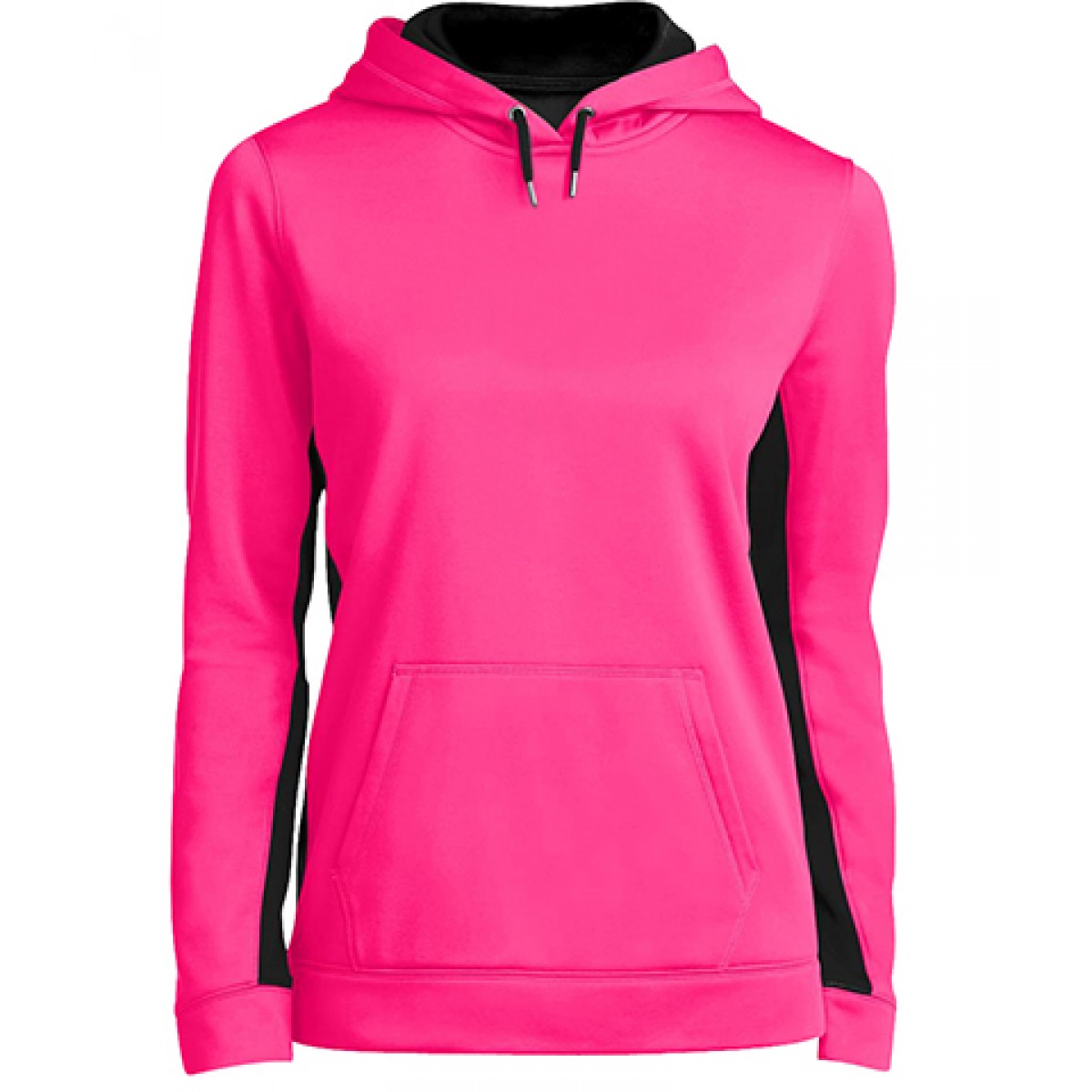 Ladies Colorblock Hooded Pullover-Neon Pink Black-XS